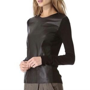 Vince Sweater Black Leather & Wool Long Sleeve Pullover Size M